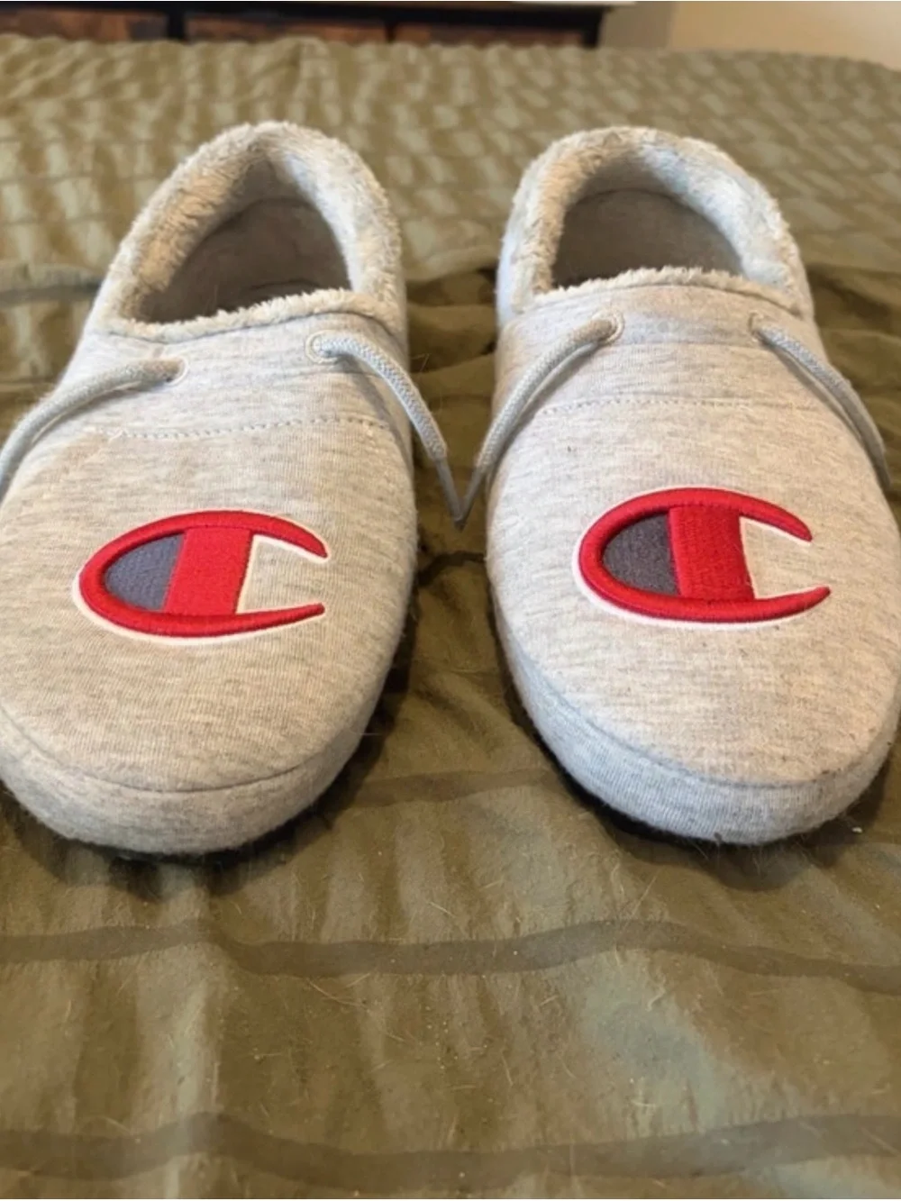 Champion Light Gray Slip-On Slippers with Red Logo